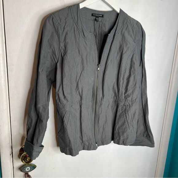 Eileen Fisher Crumpled steel Cotton-Nylon Blend Gray Zip Lightweight Jacket - Picture 1 of 8